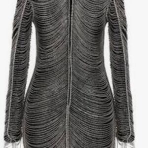 Retrofete  Jacqueline Embellished Charcoal Fringe-Trim Long Sleeve Bodycon Dress
